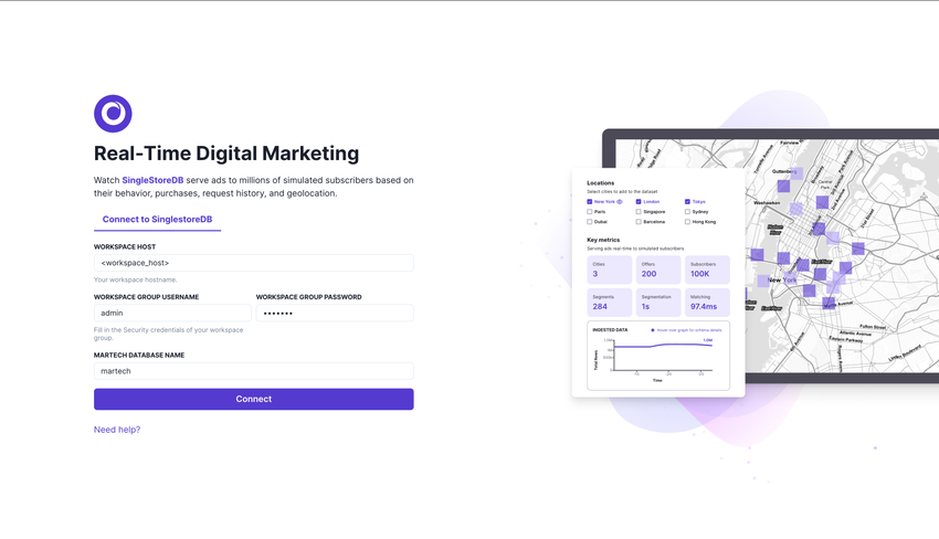 A connection configuration page of real time digital marketing for martech analytics application.