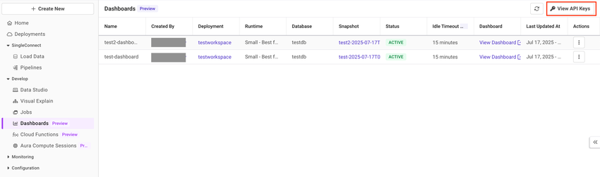 Shows the option of View API key in the Dashboard App.
