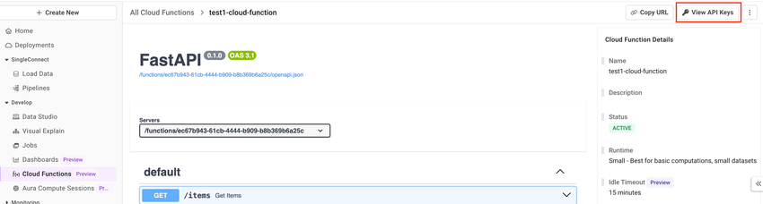 Shows View API keys in the upper right corner in Cloud Functions App