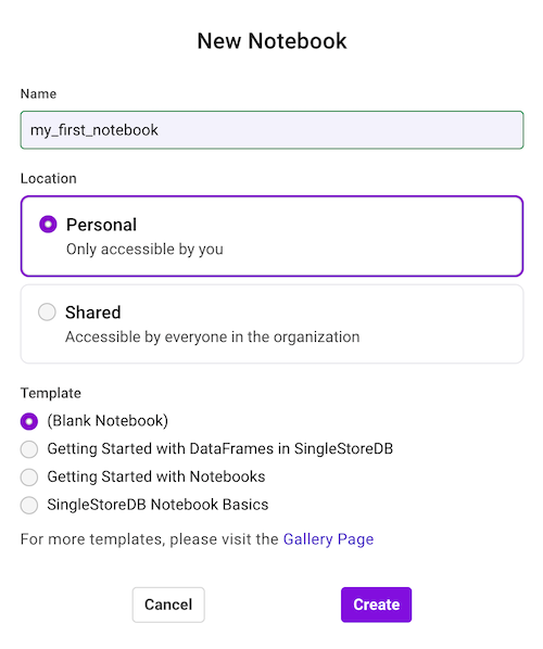 A dialog box for creating a notebook.