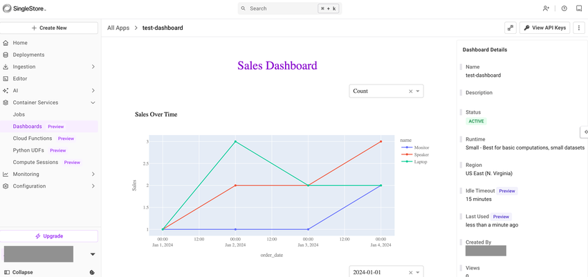 View the dashboard after selecting the dashboard app name under Name column.