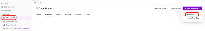 Steps to create a new notebook in Data Studio from +New Notebook drop-down list.