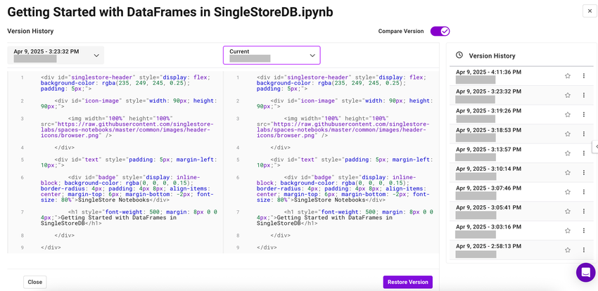 An image that shows the Version History pane, which lists saved Notebook versions.