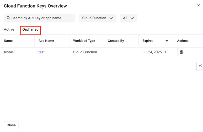 Shows the orphaned API keys in the Cloud function App.