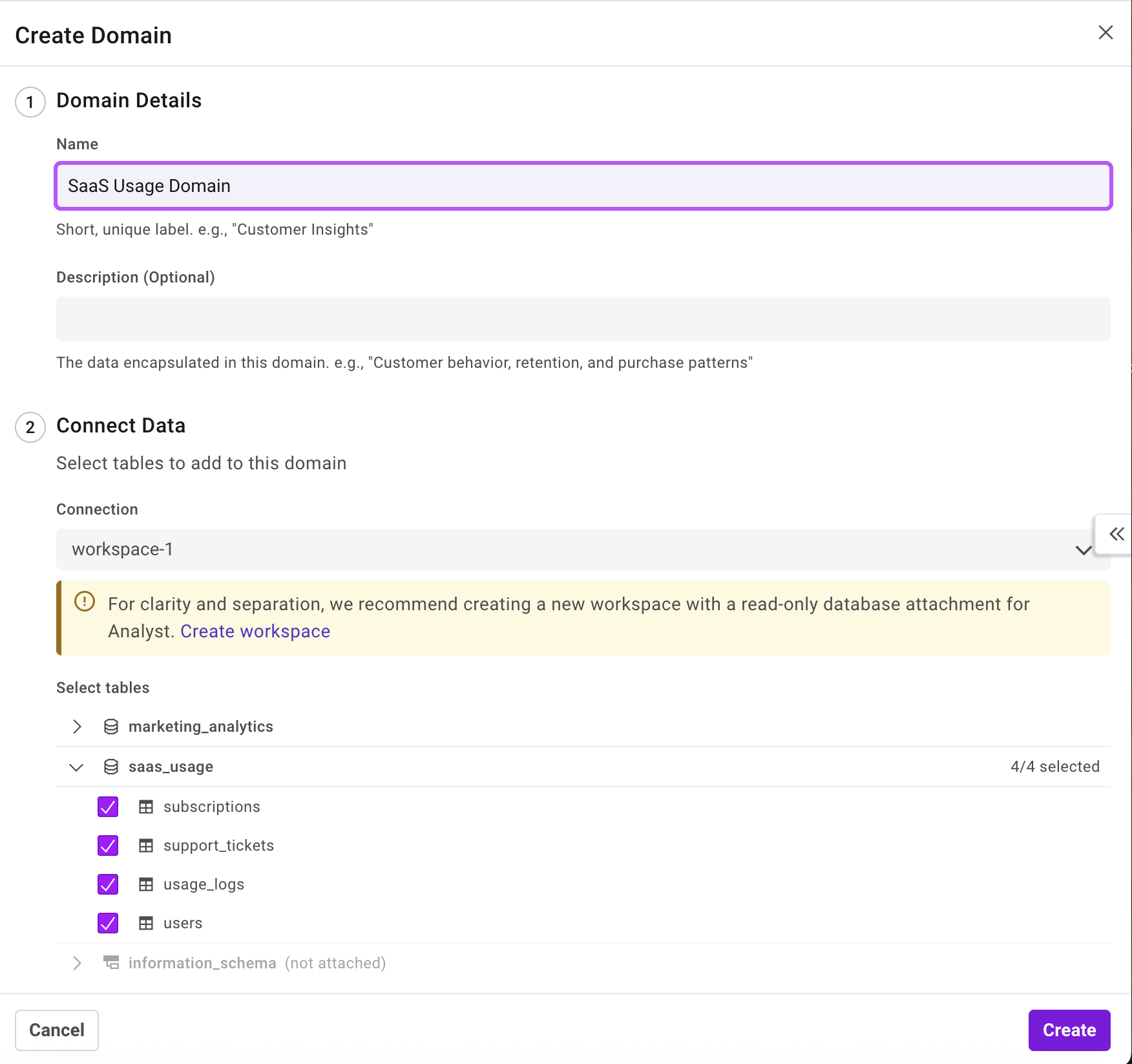 Create Domain dialog showing 'SaaS Usage Domain' name, connection deployment set to workspace-1, and four tables selected from saas\_usage database: subscriptions, support\_tickets, usage\_logs, and users. Cancel and Create buttons appear at the bottom.