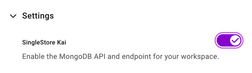 Settings for toggling on the SingleStore Kai for enabling the MongoDB API and endpoint for the workspace while creating workspace.