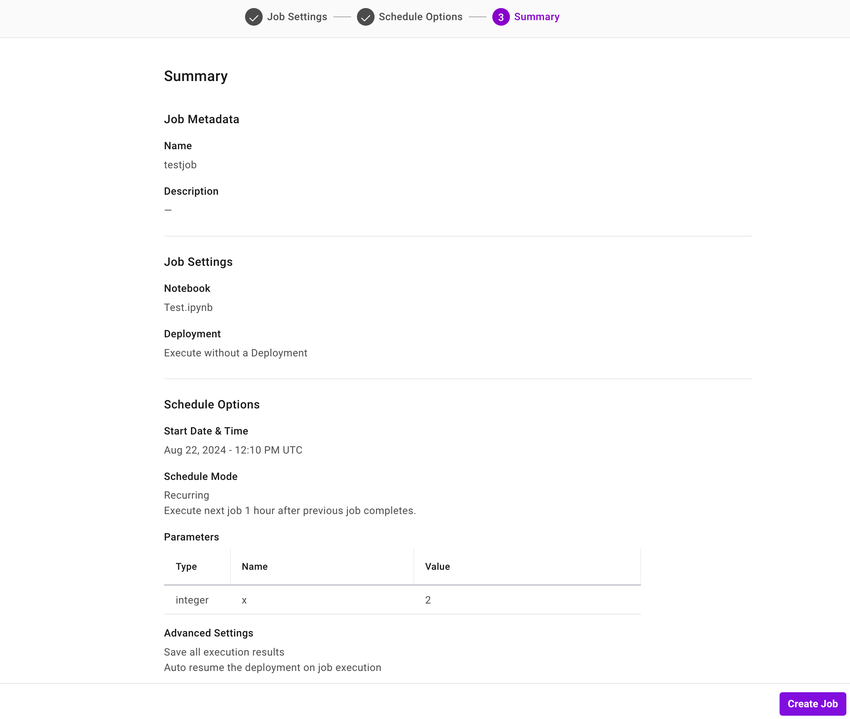 A New Scheduled Job dialog box with step 3 summarizing the previous steps input.