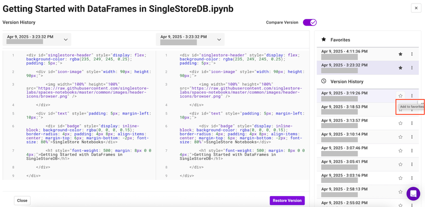 An image that show how to add a Notebook version to your favorites.