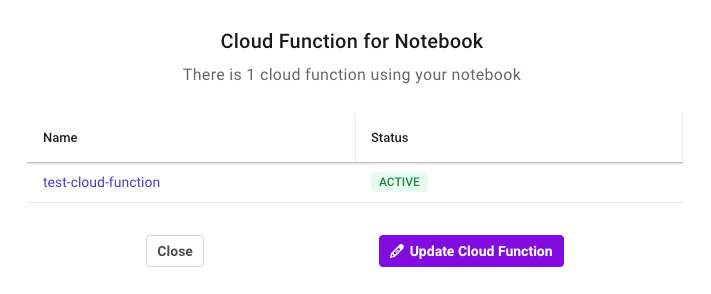 Shows the dialog to select the Update Cloud Function button after selecting the Update Cloud Function button in the notebook or Update option in the Actions Column in Cloud Functions page.