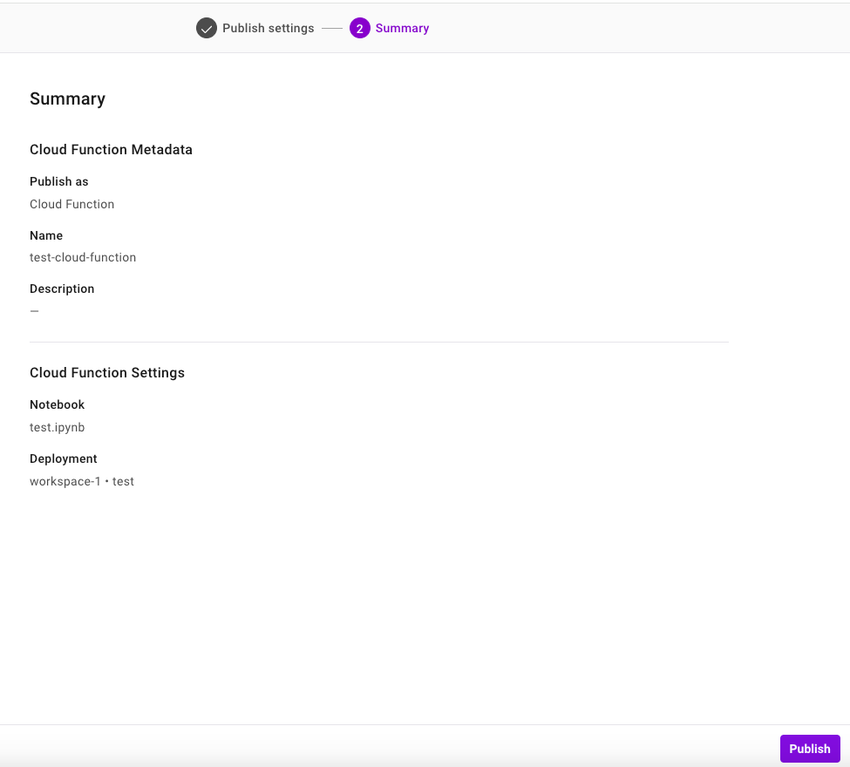 View the summary of the cloud function settings