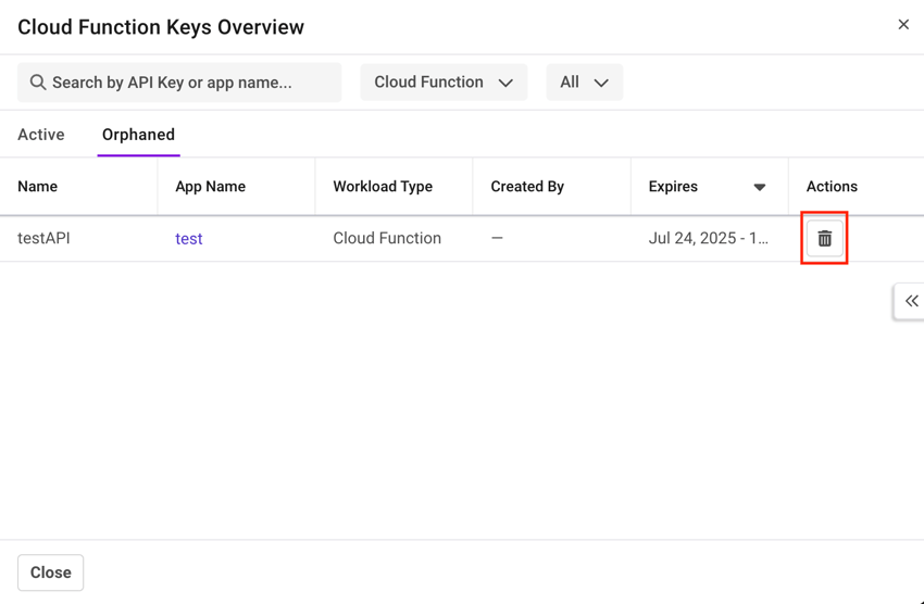 Shows the way of deleting the orphaned API keys.