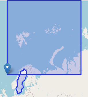 Two polygons that intersect. The first is the outline of the country of Sweden and the second is a square that crosses the northern half of Sweden.