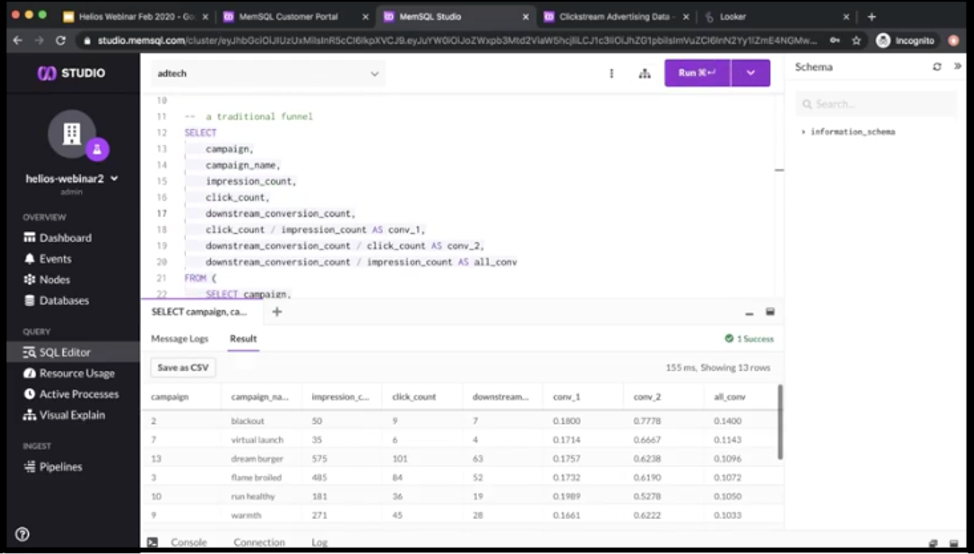 Running a SQL query in SingleStore Studio