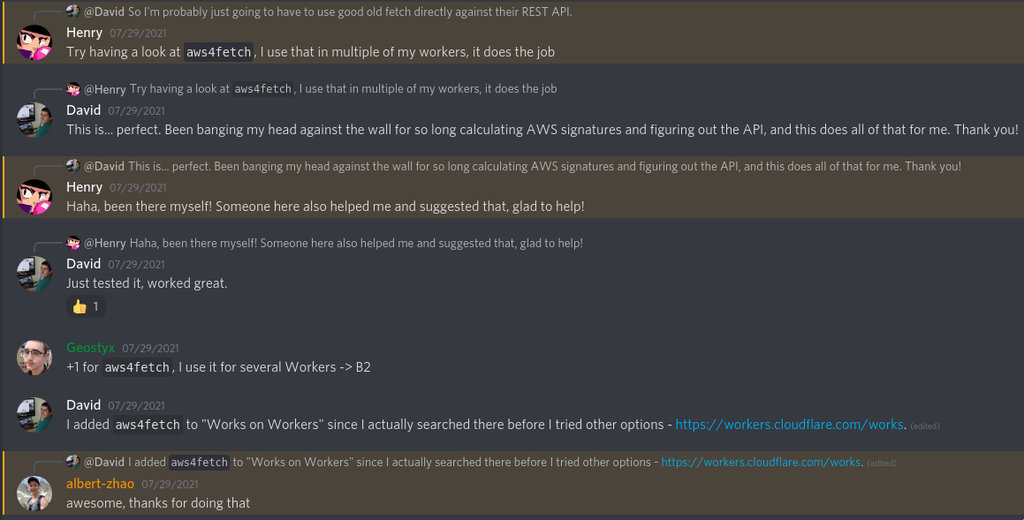Screenshot of us getting help from the community in the Discord channel for Workers