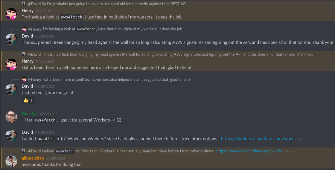 Screenshot of us getting help from the community in the Discord channel for Workers