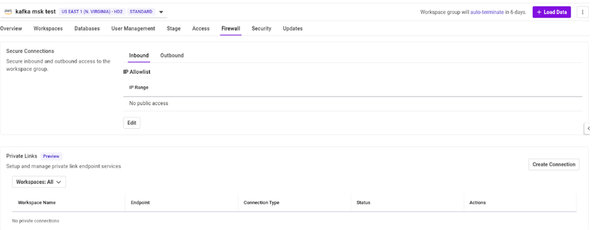 SingleStore UI showing the "Firewall" tab of a workspace.