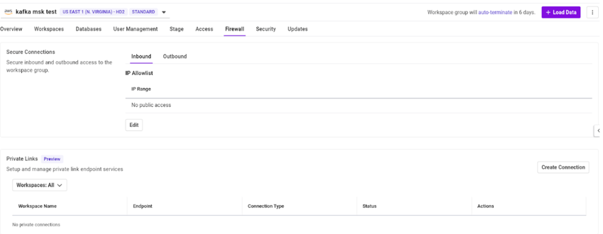SingleStore UI showing the "Firewall" tab of a workspace.