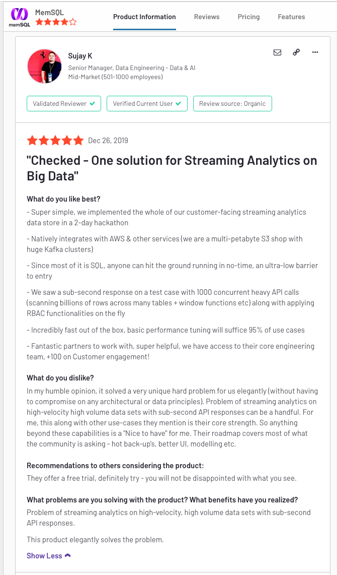 A senior data engineering manager sums up many users' comments in a five-star review, one day after Christmas.