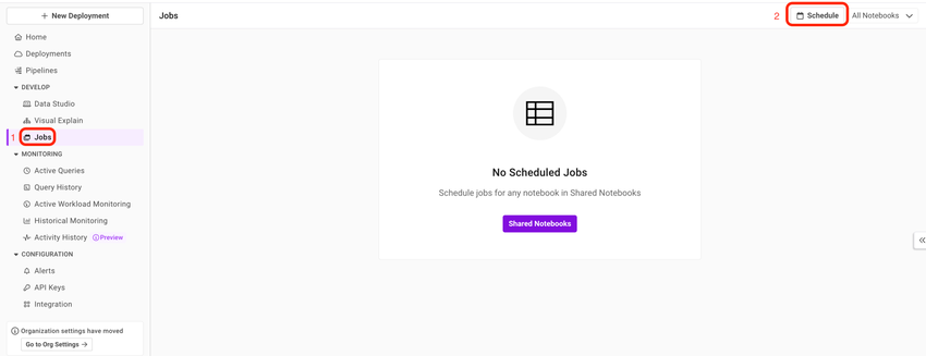 Highlights the Jobs section in the left nav and the Schedule button in the Jobs page.