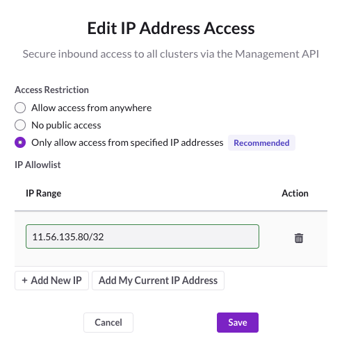 A dialog box for editing IP Address Access.
