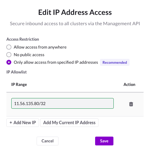 A dialog box for editing IP Address Access.