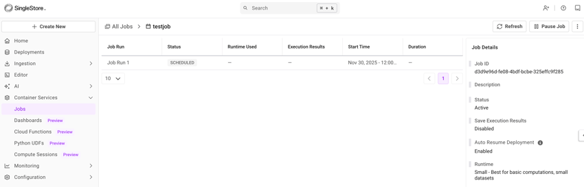 View the job execution details in the right navigation of the selected job.