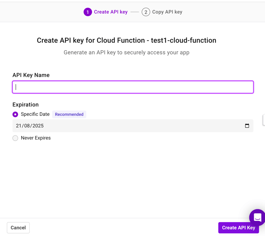 Shows the way of creating an API key in the dialog box. Enter the API key name.