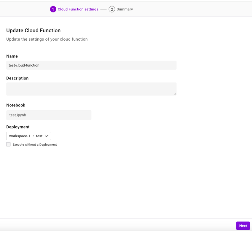 Update the cloud function after selecting Update in the Actions column. Shows the dialog to update the cloud function settings.