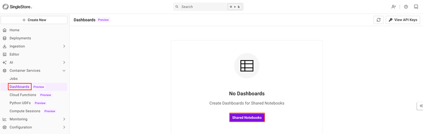 Navigate to Container Services > Dashboards to publish a dashboard using a shared notebook.