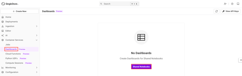 Navigate to Container Services > Dashboards to publish a dashboard using a shared notebook.