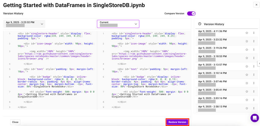 An image that shows how to restore a Notebook version by using the highlighted "Restore Version" button.