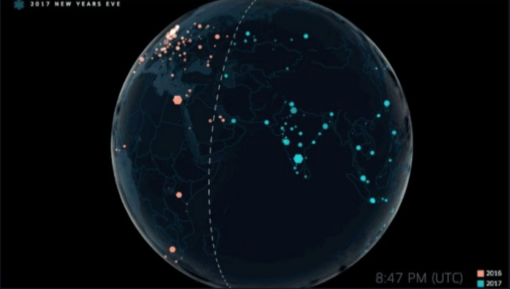 Real-time analytics generate an image of ride demand for Uber cars on New Year's Eve.