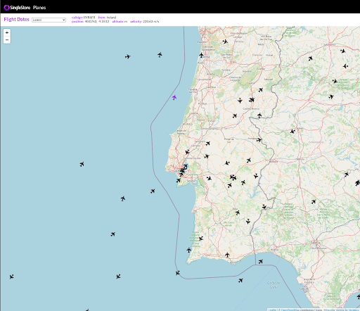 Screenshot of application that shows any plane currently in flight worldwide