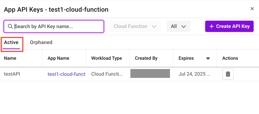 Shows the Active API keys in the cloud function app instance.
