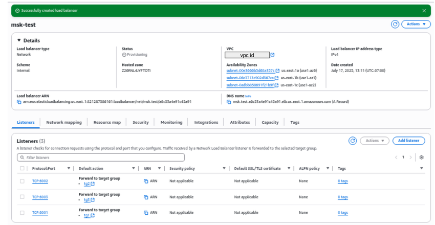 AWS Console showing successful creation of internal network load balancer `msk-test` in VPC with 3 subnets (us-east-1a, 1b, 1c), IPv4 address type, 3 TCP listeners on ports 6001, 6002, and 6003 each forwarding to target groups `tg1`, `tg2`, and `tg3` respectively.