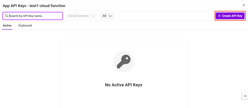 Shows an option of creating API key by selecting +Create API Key in upper right corner of app instance