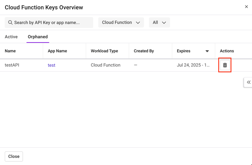 Shows the way of deleting the orphaned API keys.