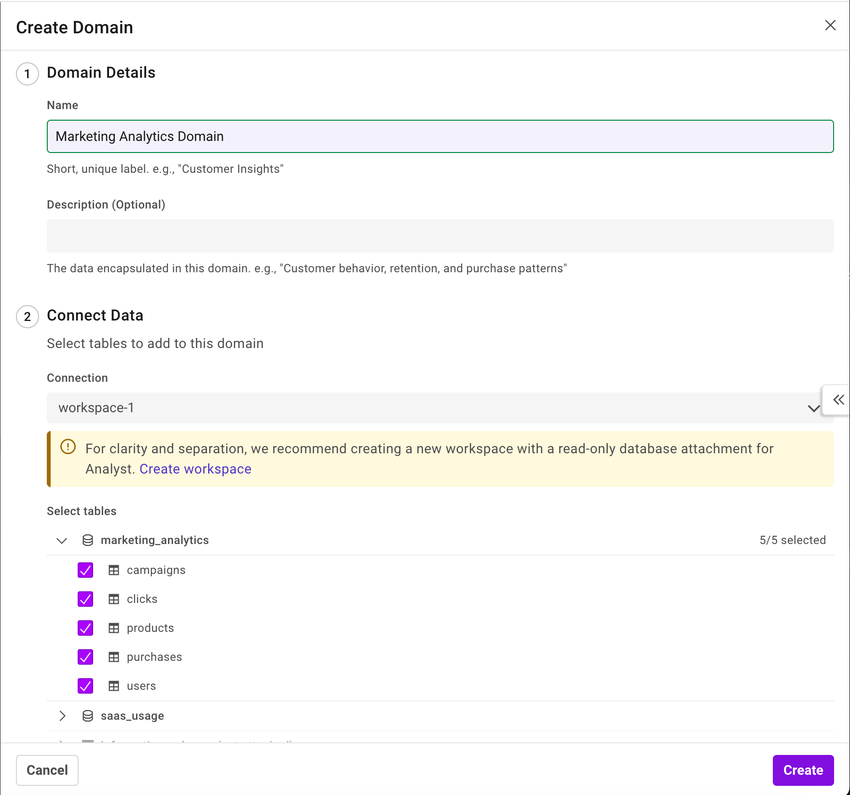 Create Domain dialog showing 'Marketing Analytics Domain' name, connection deployment set to workspace-1, and five tables selected from marketing_analytics database. Options to cancel or create are at the bottom.