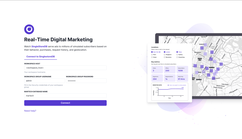 A connection configuration page of real time digital marketing for martech analytics application.