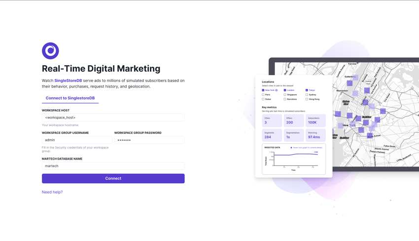 A connection configuration page of real time digital marketing for martech analytics application.