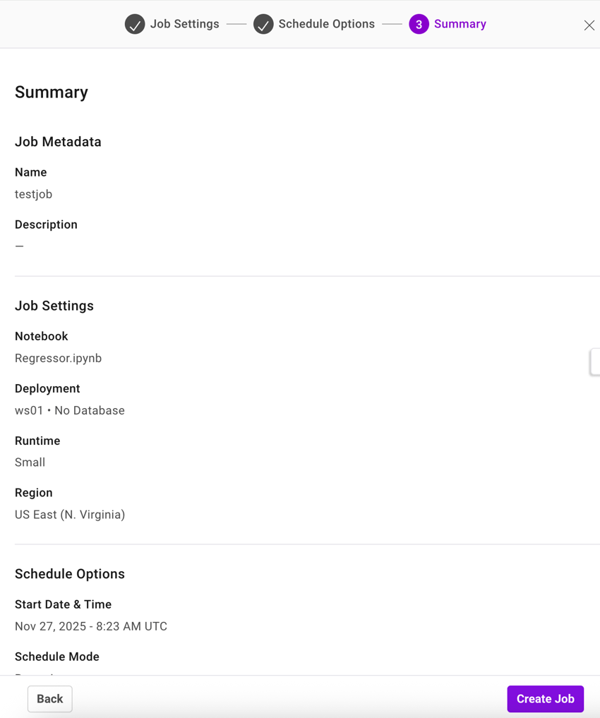 View the summary of the job before creating a job.