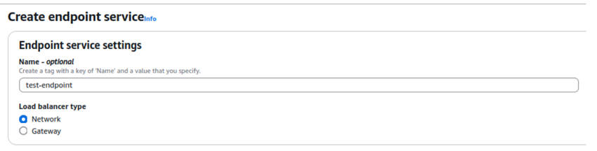 AWS console screenshot of the "Create endpoint service" page. The service name entered is test-endpoint, and the selected load balancer type is "Network".