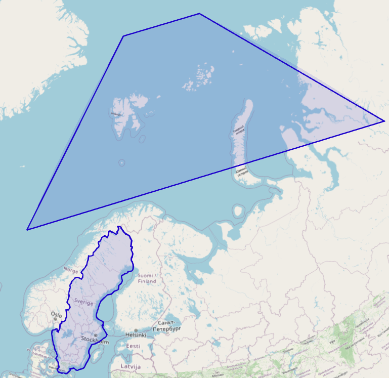 Two polygons that do not intersect. One is the outline of the country of Sweden and the second is a trapezoid shape that passes north of the first polygon.