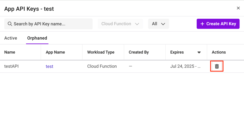 Shows the way to delete the orphaned API key in the App instance.