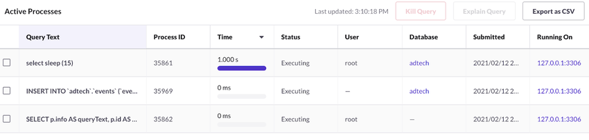 An Active Queries page showing the active processes.