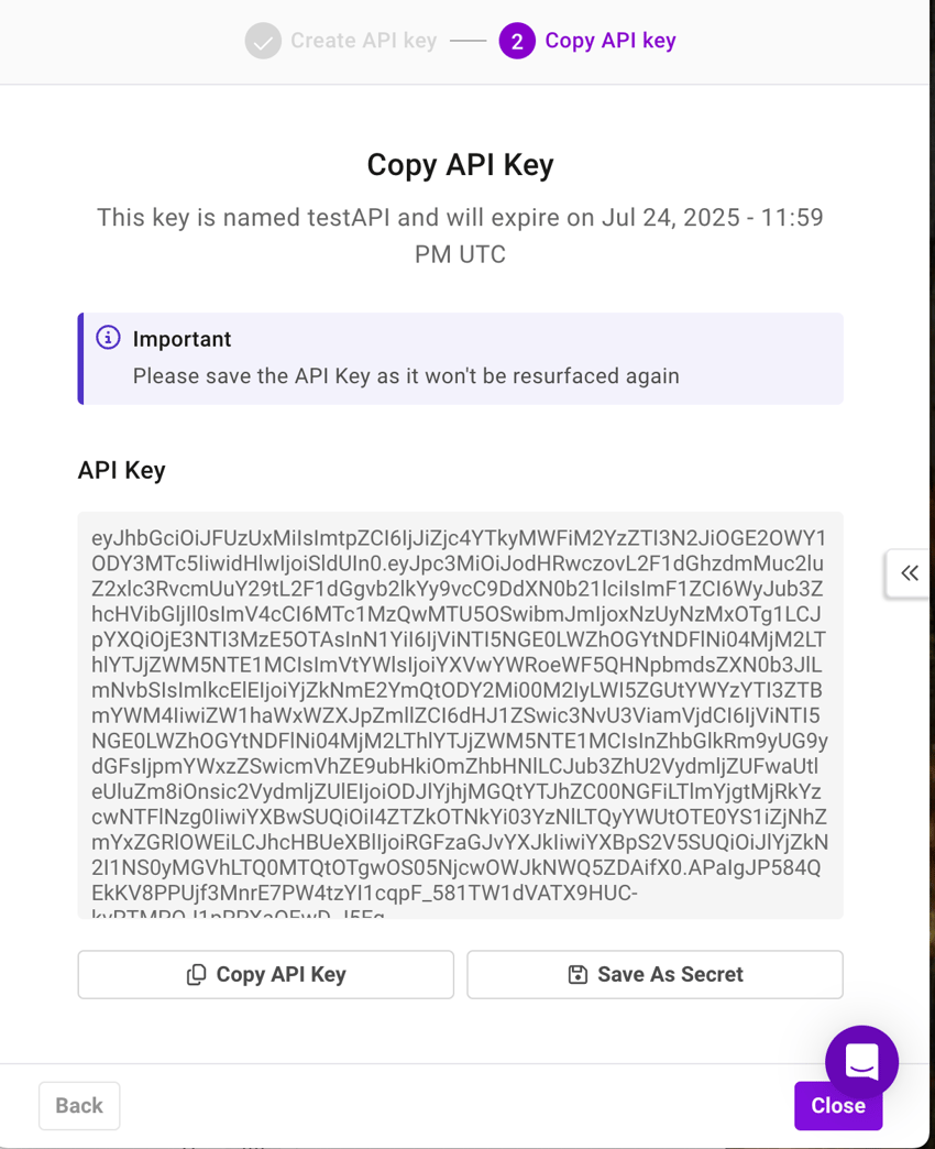 Shows the generated API key and you can save the API key as secret and copy as well.