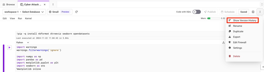 Select "Shows Version History" option from the ellipsis (three dots) in right side in the Notebook.