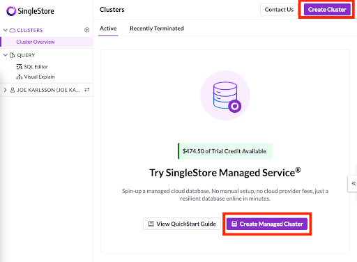 Screenshot from the SingleStore Protal showing the Create Managed Cluster buttons highlighted in red.