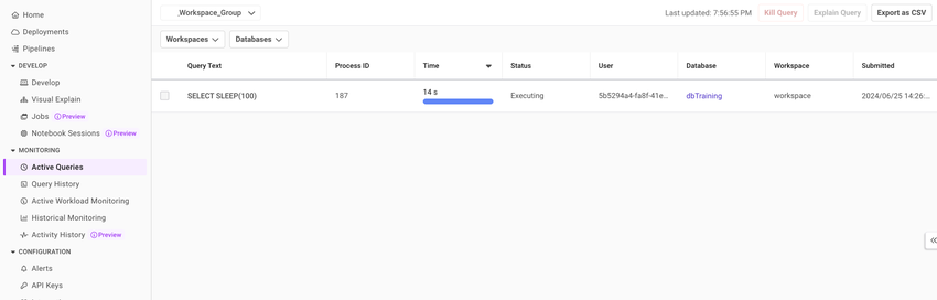 An example of running query text on Active Queries page to troubleshoot long-running queries.