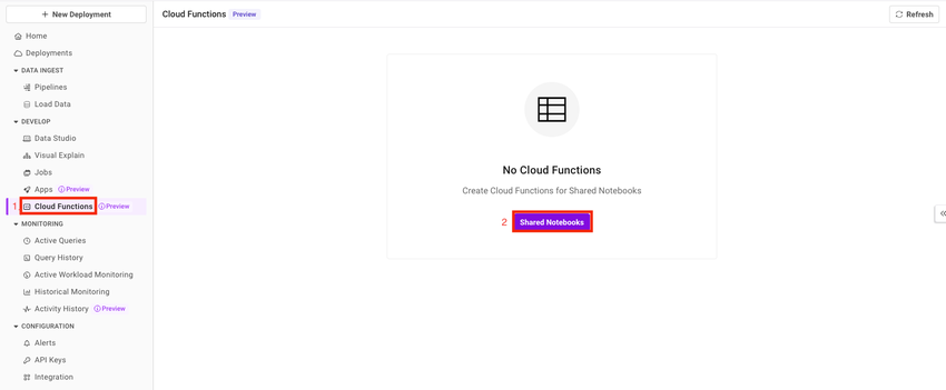 Select Cloud Functions in the left navigation and then select Shared Notebook in order to publish a notebook as a cloud function.